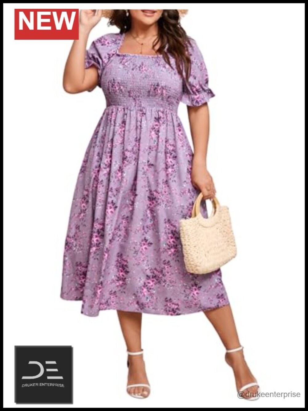 Plus Size Floral Midi Dress Square Neck Short Sleeve Casual